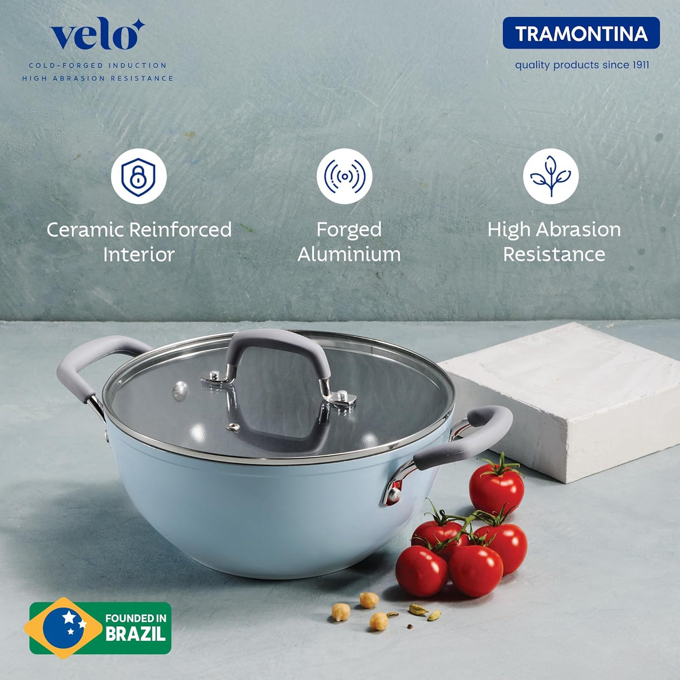 Tramontina India Velo Forged Deep Kadai in Sea, 24 cm diameter, showing the black cast iron cookware with a smooth handle and deep sides.