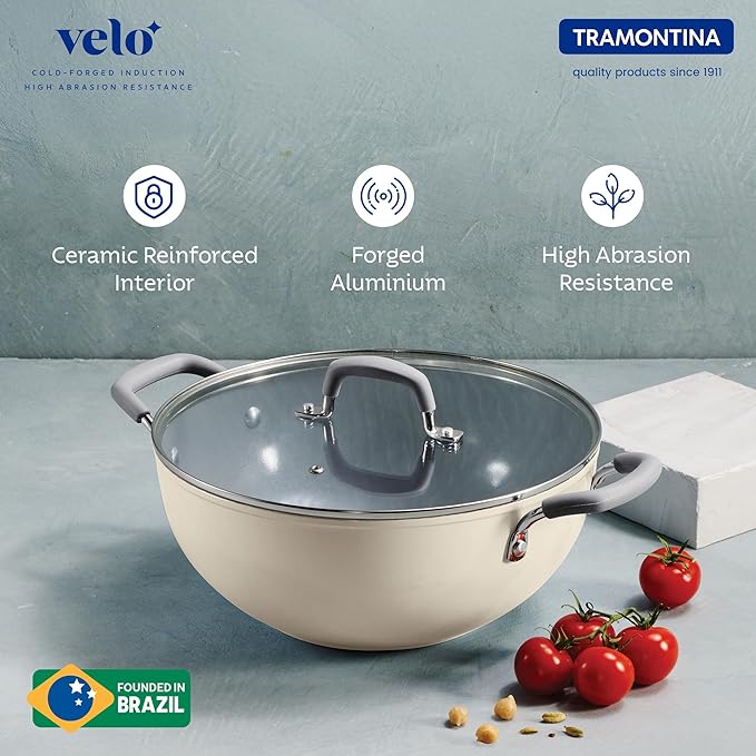 Tramontina India Velo Forged Deep Kadai, 22 cm, sand-colored cast iron cookware for cooking and deep frying.