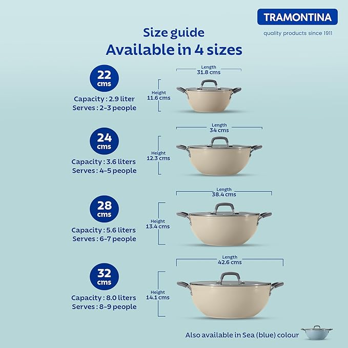 Tramontina India Velo Forged Deep Kadai 22 cm in sand color, showing a sturdy, deep cookware with a handle and smooth surface.
