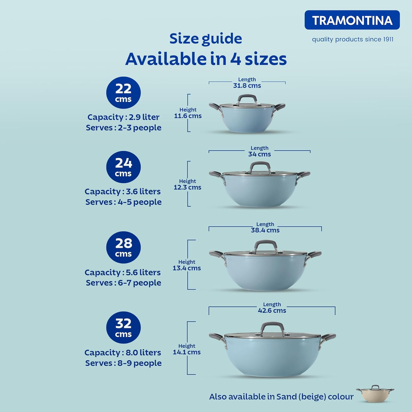 Tramontina India Velo Forged Deep Kadai 22 cm in sea color, showcasing its sturdy construction and spacious cooking surface.