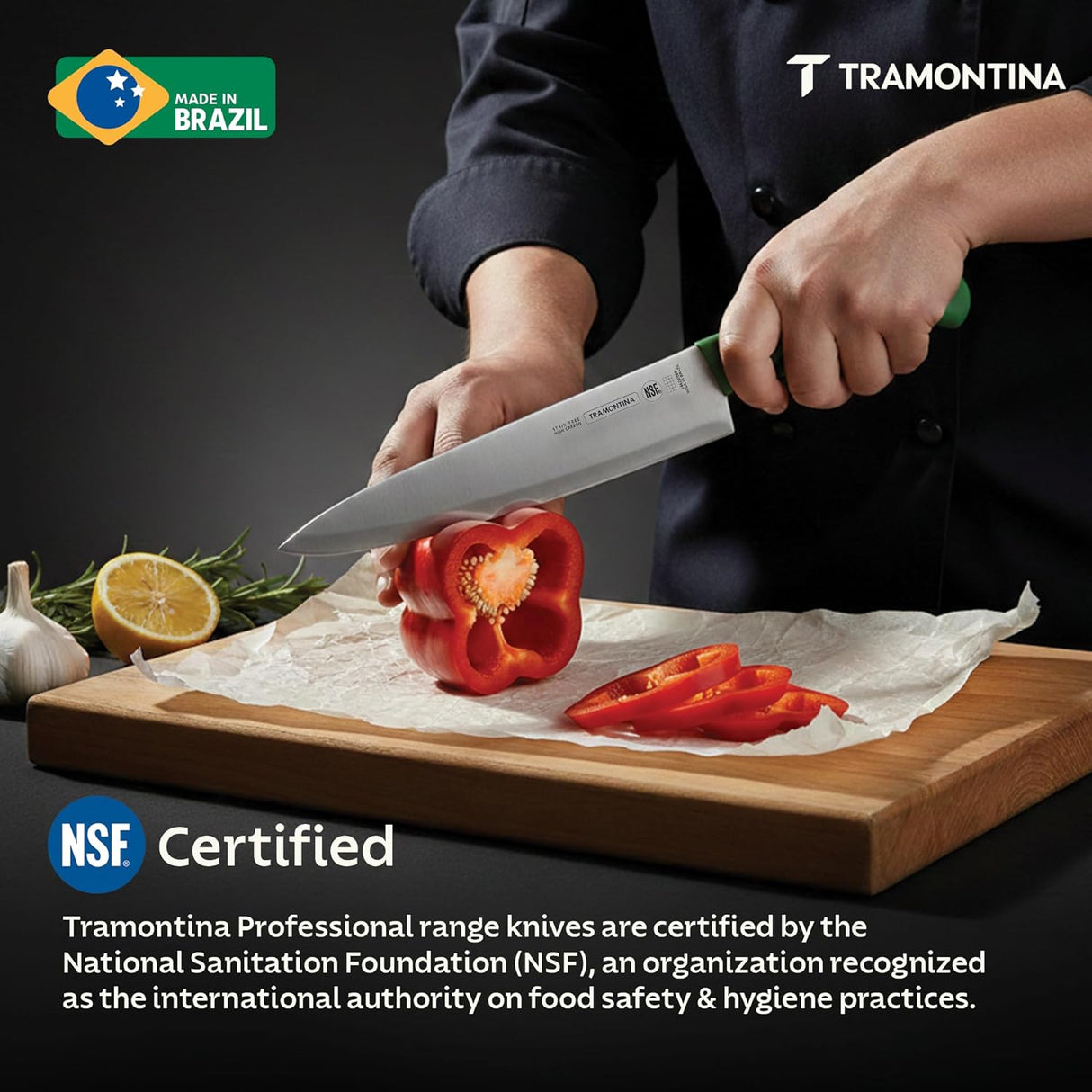 Green Tramontina India 15cm chef knife with a sharp blade, designed for professional meat and culinary use, left-handed.