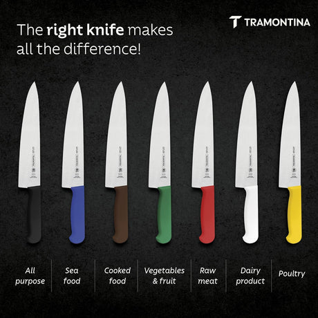 Red Tramontina India professional chef knife with sharp blade, suitable for meat and culinary tasks, shown on a kitchen surface.