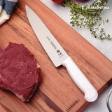 White 10-inch Tramontina India chef knife with a sharp stainless steel blade, ideal for professional meat and culinary use.