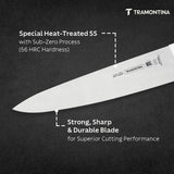 Tramontina India professional 20cm chef knife with white handle and sharp stainless steel blade on a cutting board.