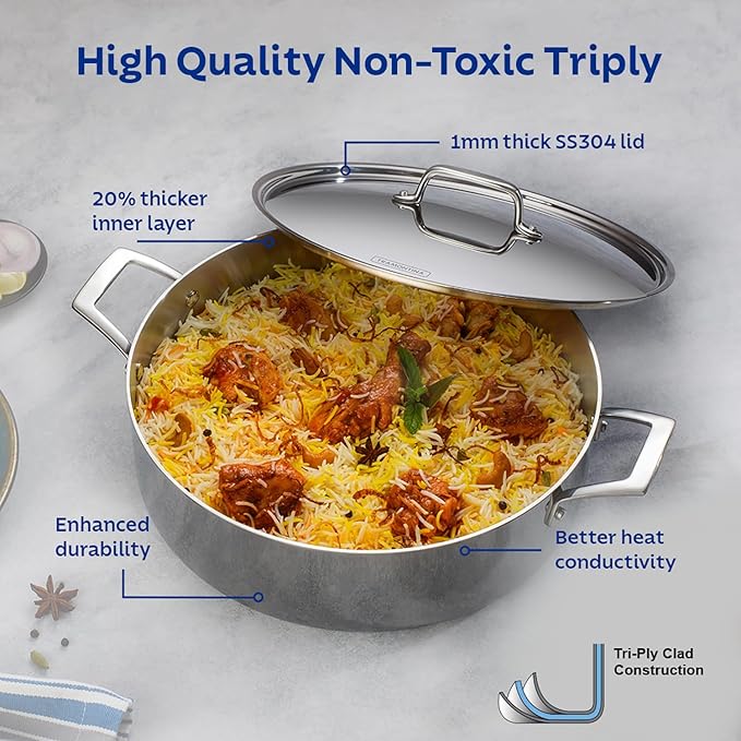 Aeion 24cm Stainless Steel Tri-Ply Biryani Pot with SS Lid - 4.8L