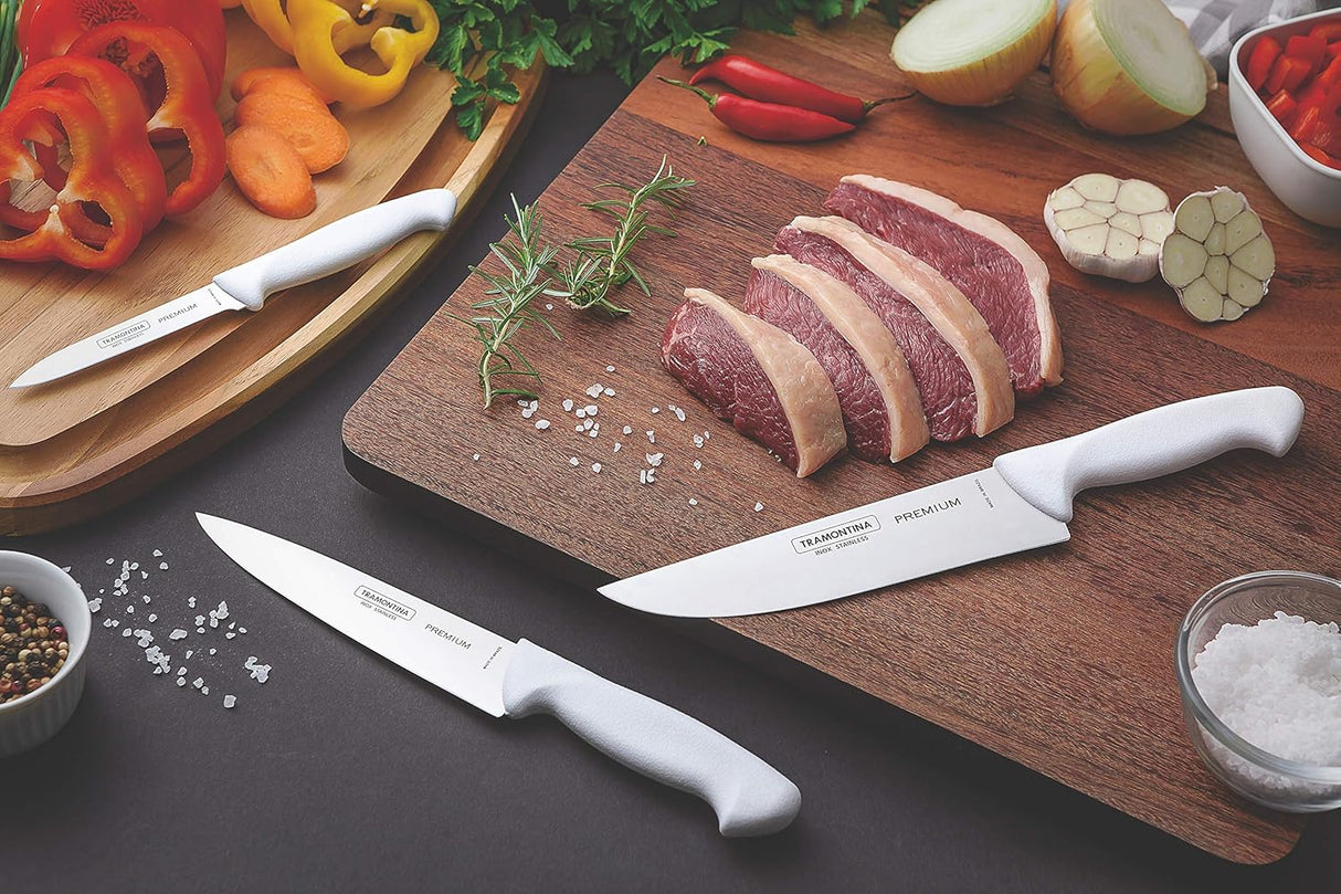 White 20cm Tramontina India premium kitchen knife with sharp stainless steel blade and ergonomic handle.