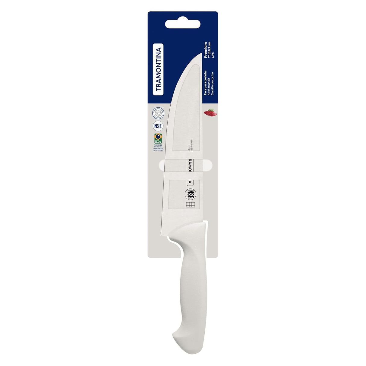 White 17 cm Tramontina India kitchen knife with sharp stainless steel blade and ergonomic handle for precise cutting.