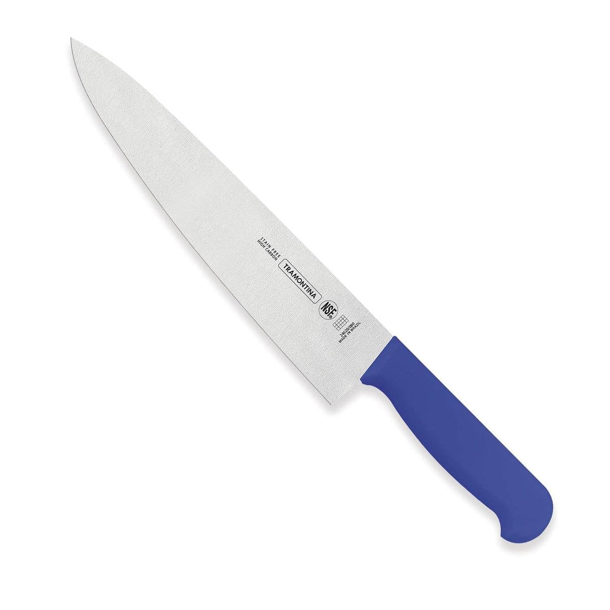 Blue Tramontina India 25cm professional chef knife with a sharp stainless steel blade for precise meat cutting.