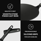 Tramontina India 26cm pre-seasoned cast iron concave roti tawa with heat-resistant silicone grip on a wooden surface.