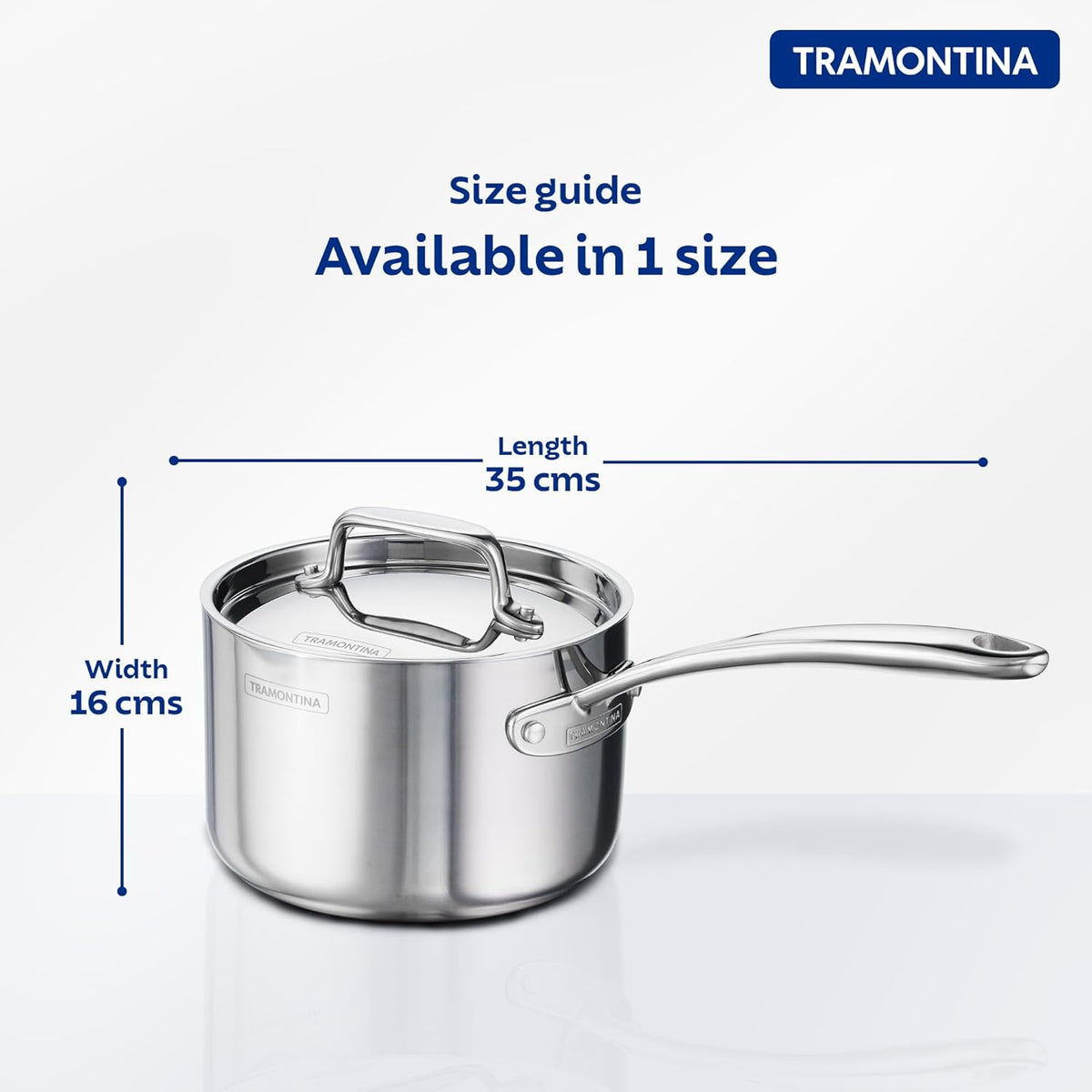 Tramontina India Fusao EX+ 16cm ceramic stainless steel tri-ply sauce pan with lid, 2.1L capacity, on stovetop.