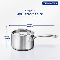 Tramontina India Fusao EX+ 16cm ceramic stainless steel tri-ply sauce pan with lid, 2.1L capacity, on stovetop.