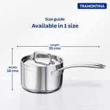 Tramontina India Fusao EX+ 16cm ceramic stainless steel tri-ply sauce pan with lid, 2.1L capacity, on stovetop.
