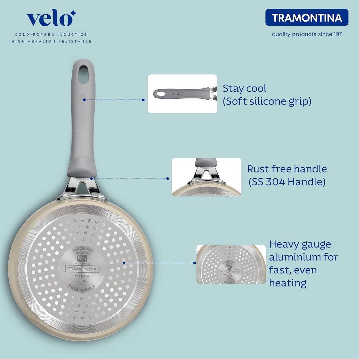 Velo Forged 16 cm saucepan in sand color by Tramontina India, showing the sleek handle and smooth cooking surface.