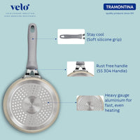 Velo Forged 16 cm saucepan in sand color by Tramontina India, showing the sleek handle and smooth cooking surface.