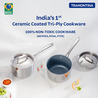 Tramontina India Fusao EX+ 16cm ceramic stainless steel tri-ply sauce pan with lid, 2.1L capacity, shows stainless steel construction.
