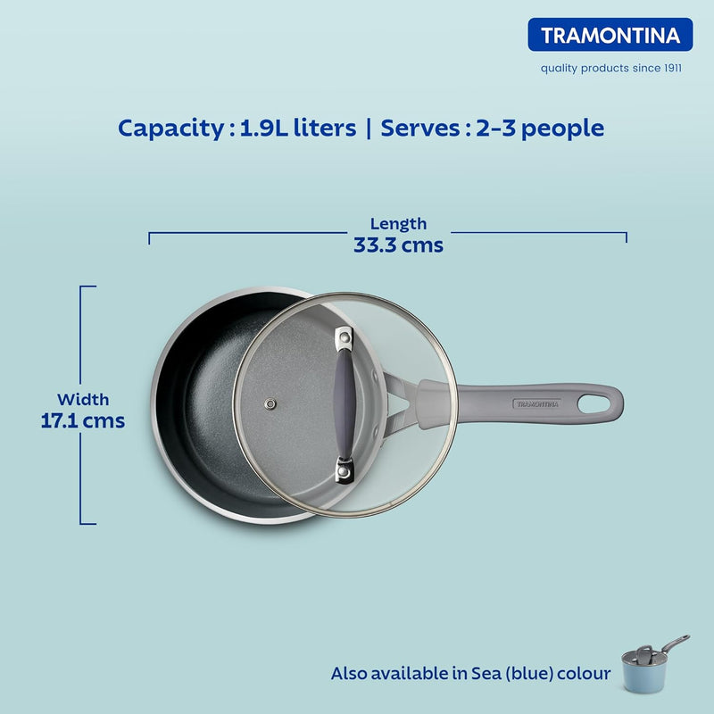 Sand-colored Velo Forged 16 cm saucepan by Tramontina India with a sturdy handle and smooth cooking surface.