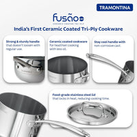 Stainless steel Fusao EX+ 16cm ceramic tri-ply sauce pan with lid, 2.1L capacity, by Tramontina India.