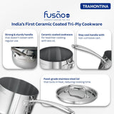 Stainless steel Fusao EX+ 16cm ceramic tri-ply sauce pan with lid, 2.1L capacity, by Tramontina India.