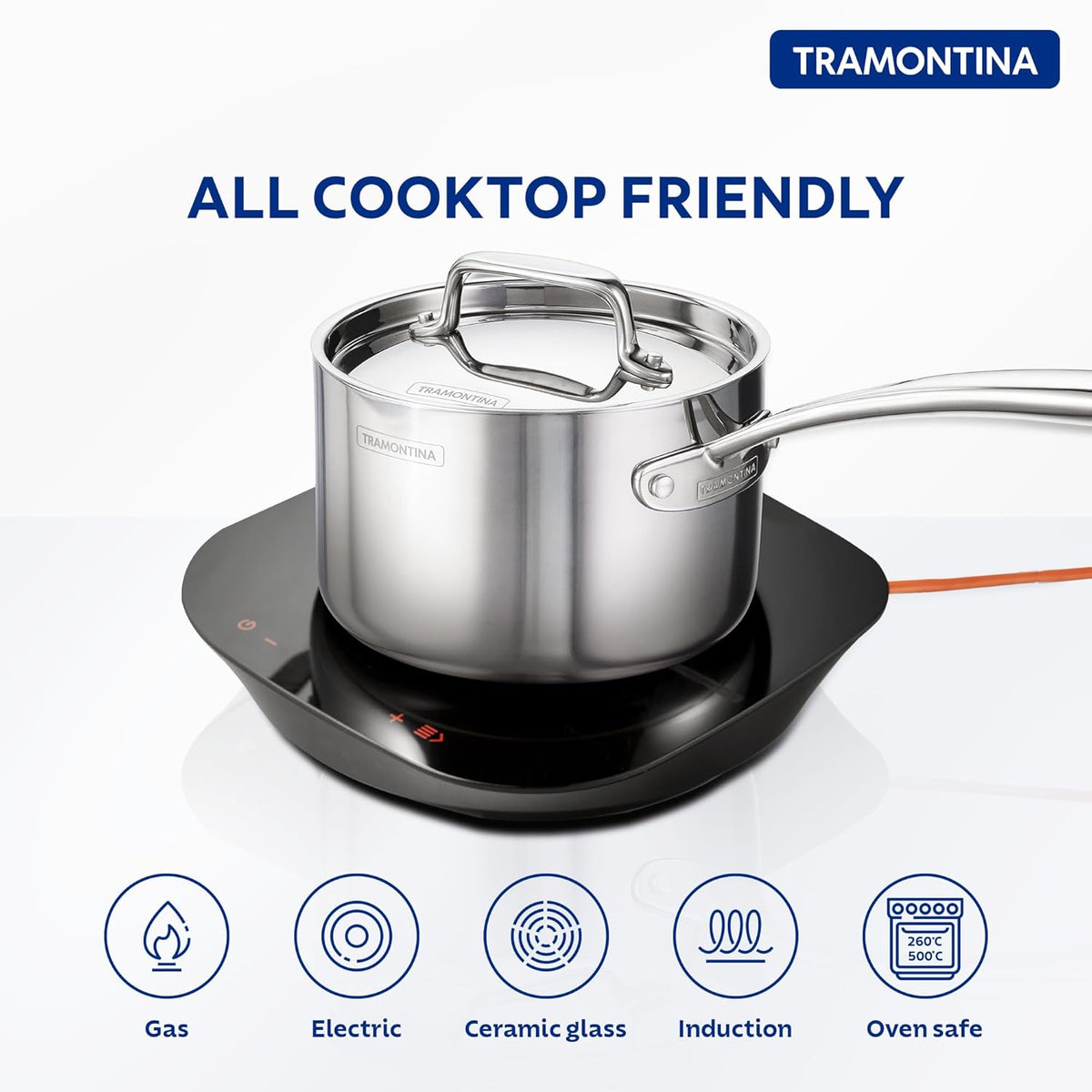 Tramontina India Fusao EX+ 16cm ceramic stainless steel tri-ply sauce pan with lid, 2.1L capacity, on stovetop