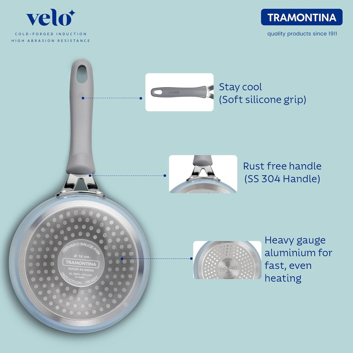 Tramontina India Velo Forged 16cm Sea Saucepan with stainless steel handle, showcasing the polished exterior and lid.