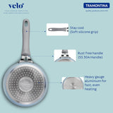 Tramontina India Velo Forged 16 cm sauce pan with a stainless steel handle and polished exterior, suitable for cooking sauces.