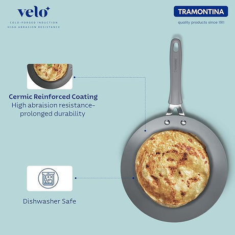 Concave Velo Forged Tawa 26 cm in sand color, made by Tramontina India, shown with a smooth cooking surface and sturdy handle.