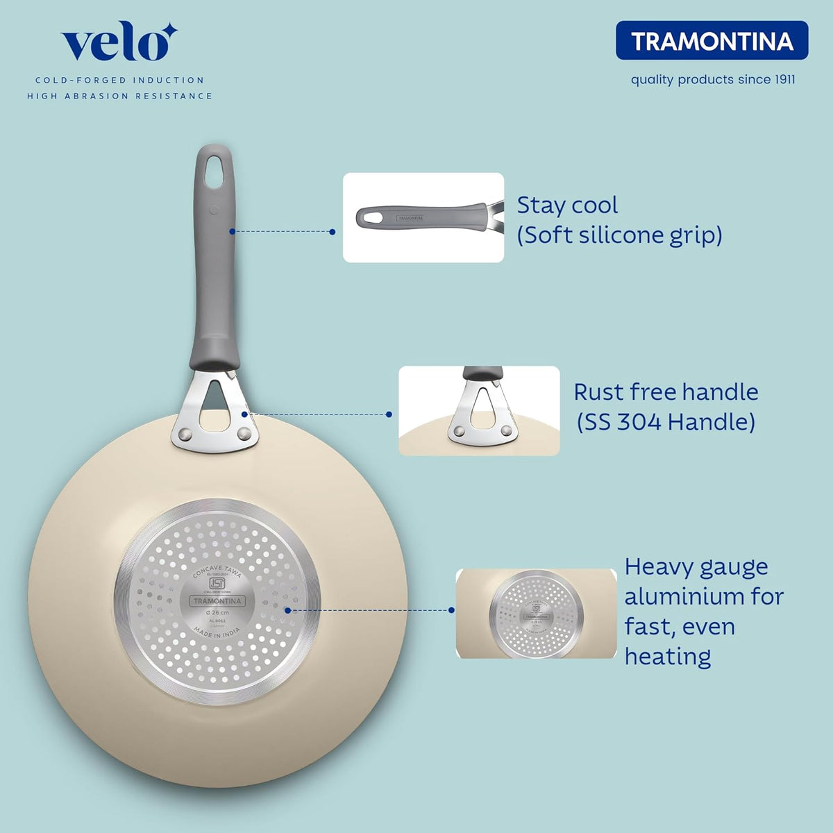 Sand-colored Tramontina India Velo Forged Concave Tawa, 26 cm, showing the smooth, durable cooking surface and concave shape.
