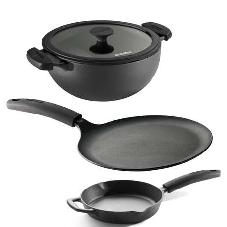 Titanex pre-seasoned cast iron combo set with 22cm fry pan, 24cm dosa tawa, and 24cm deep kadai with silicone grip by Tramontina India