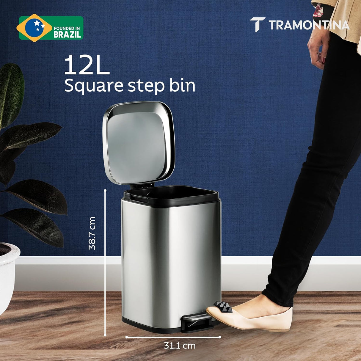 Trash Bin 12 Litre Stainless Steel Pedal Square