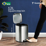 Trash Bin 12 Litre Stainless Steel Pedal Square