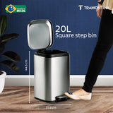 Trash Bin 20 Litre Stainless Steel Pedal Square