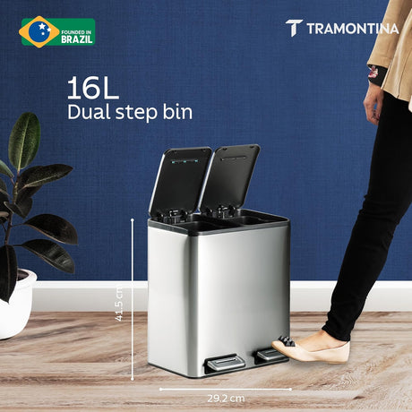 Trash Bin 8 Litre X 2 Stainless Steel Wide Rectangle