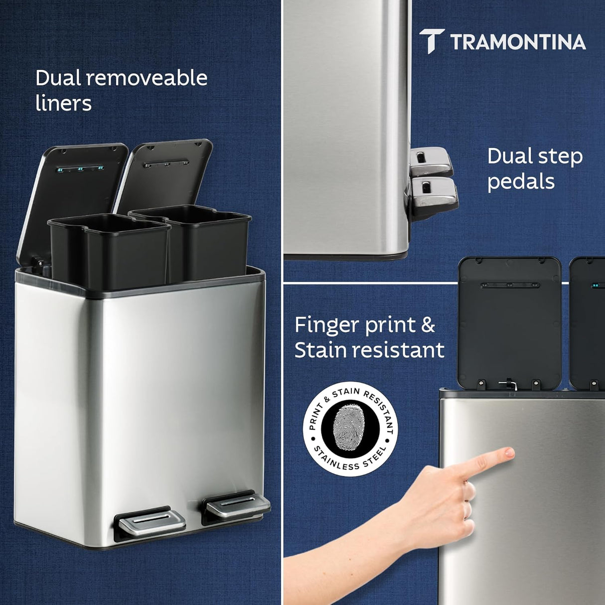 Trash Bin 8 Litre X 2 Stainless Steel Wide Rectangle