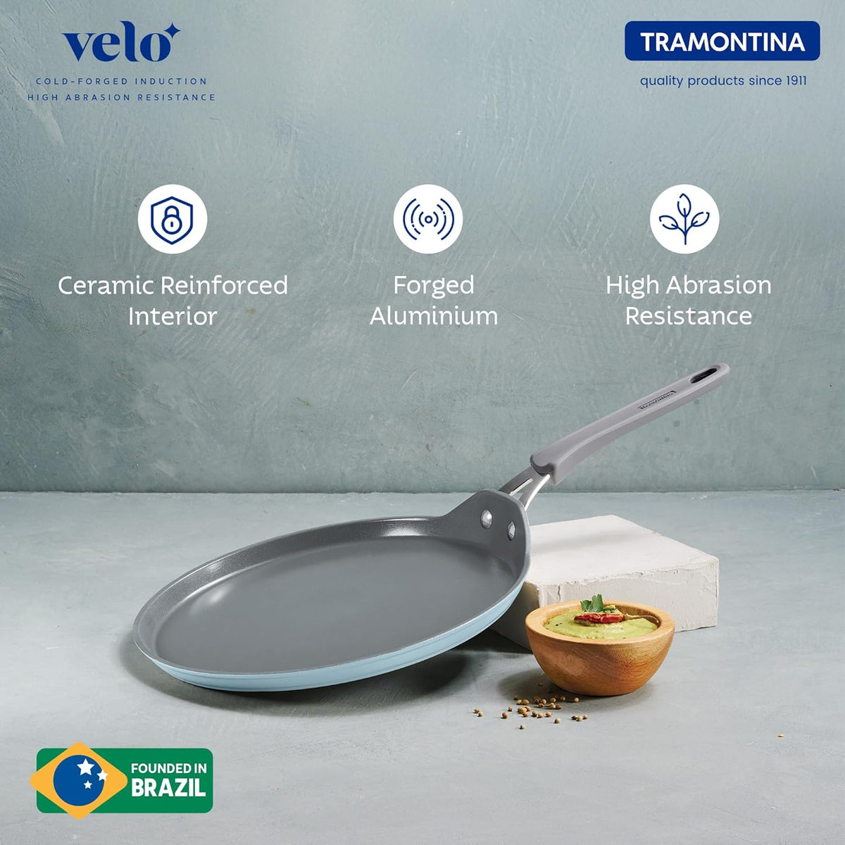 Velo Forged Dosa Tawa 28 cm by Tramontina India, round non-stick skillet with wooden handle for making dosas and pancakes