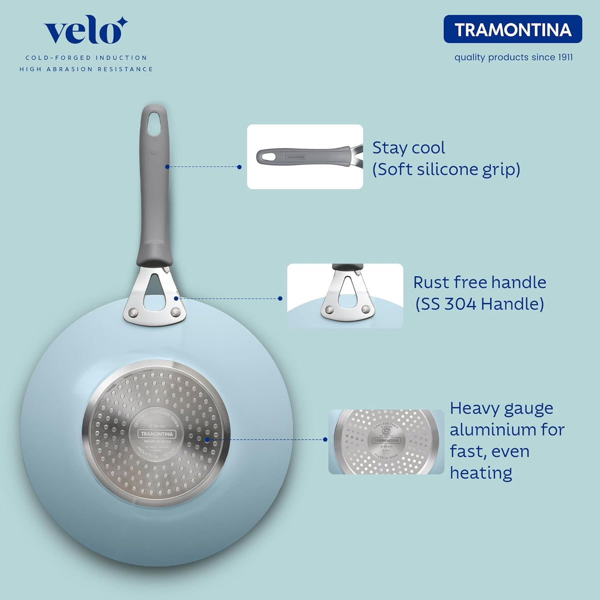 Velo Forged Concave Tawa 26 cm by Tramontina India, showing the black non-stick surface and curved edges for versatile cooking.