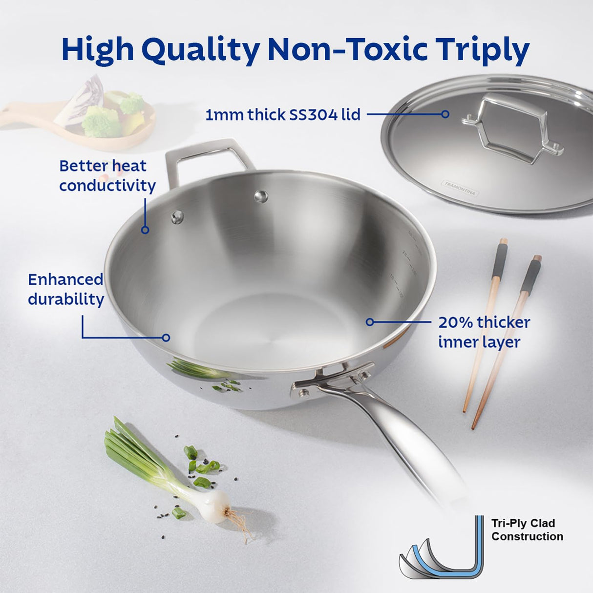 Aeion 26cm Stainless Steel Tri-Ply Chinese Wok with SS Lid - 3.7L