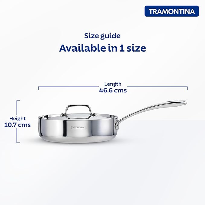 Tramontina India Fusao EX+ 24cm triply ceramic deep sauté pan with stainless steel lid, suitable for versatile cooking.