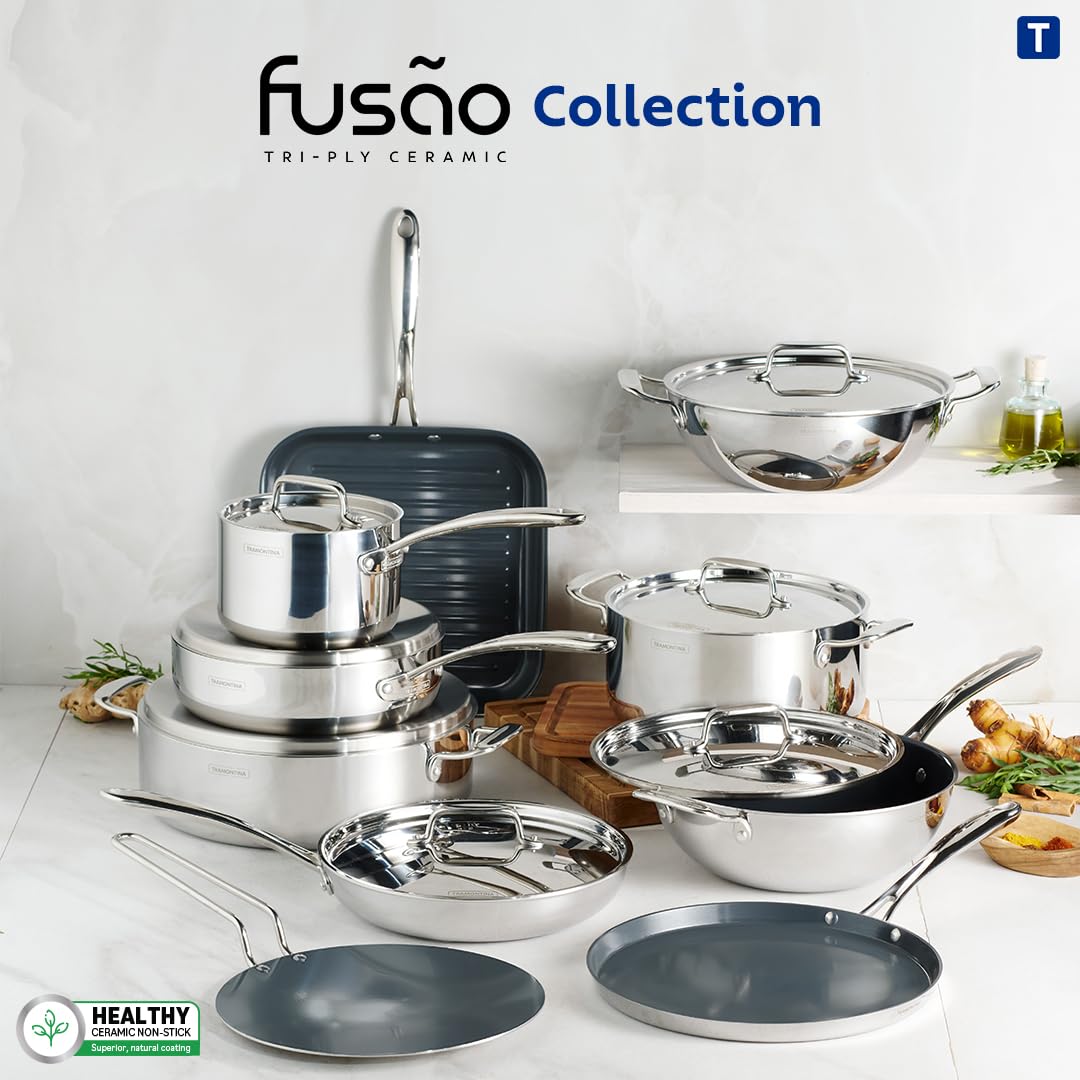 Tramontina India Fusao EX+ 26cm triply ceramic wok with stainless steel lid, showcasing a sleek, non-stick cooking surface and sturdy handle.