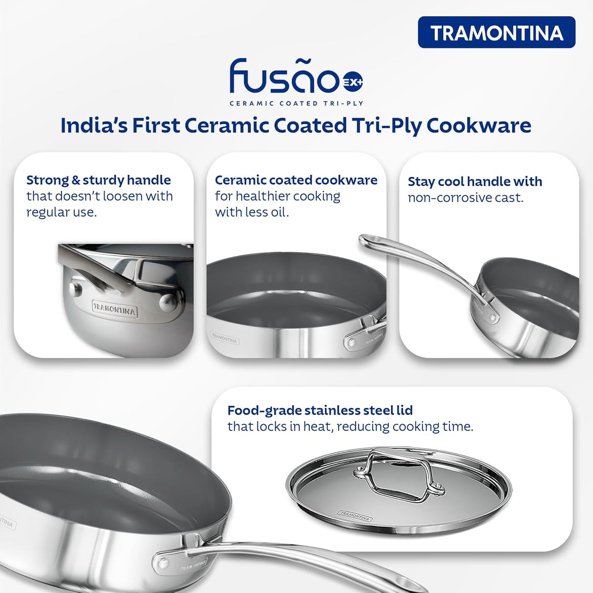 Tramontina India Fusao EX+ 24cm ceramic deep sauté pan with stainless steel lid, suitable for versatile cooking.