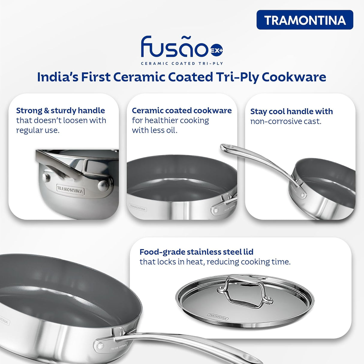 Tramontina India Fusao EX+ 24cm triply ceramic deep sauté pan with stainless steel lid on stovetop.