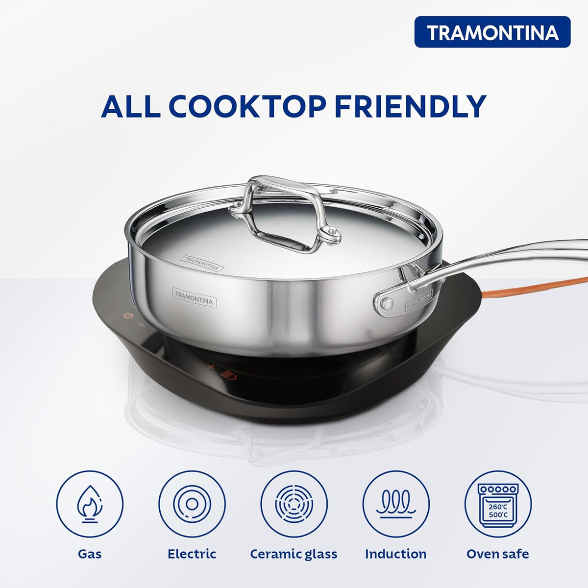Tramontina India Fusao EX+ 24cm triply ceramic deep sauté pan with stainless steel lid, suitable for versatile cooking.