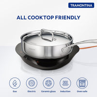 Tramontina India Fusao EX+ 24cm triply ceramic deep sauté pan with stainless steel lid, suitable for versatile cooking.