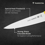 Yellow Tramontina India 10-inch professional chef knife with a sleek blade and ergonomic handle for precise meat cutting.