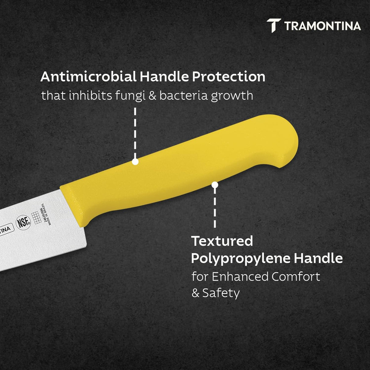 Yellow Tramontina India 25 cm chef knife with a professional stainless steel blade and ergonomic handle, suitable for precise cutting.