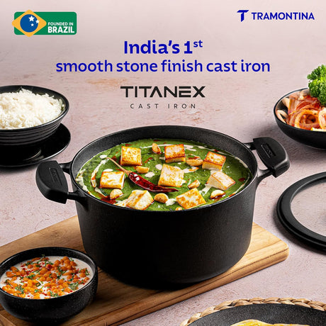 Tramontina India Titanex 24cm cast iron casserole with heat-resistant silicone grip, 4.9L capacity, pre-seasoned for versatile cooking.