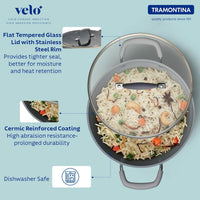 Velo Forged Casserole 24cm in sand color from Tramontina India, showcasing a sturdy, non-stick cooking vessel with a glass lid.