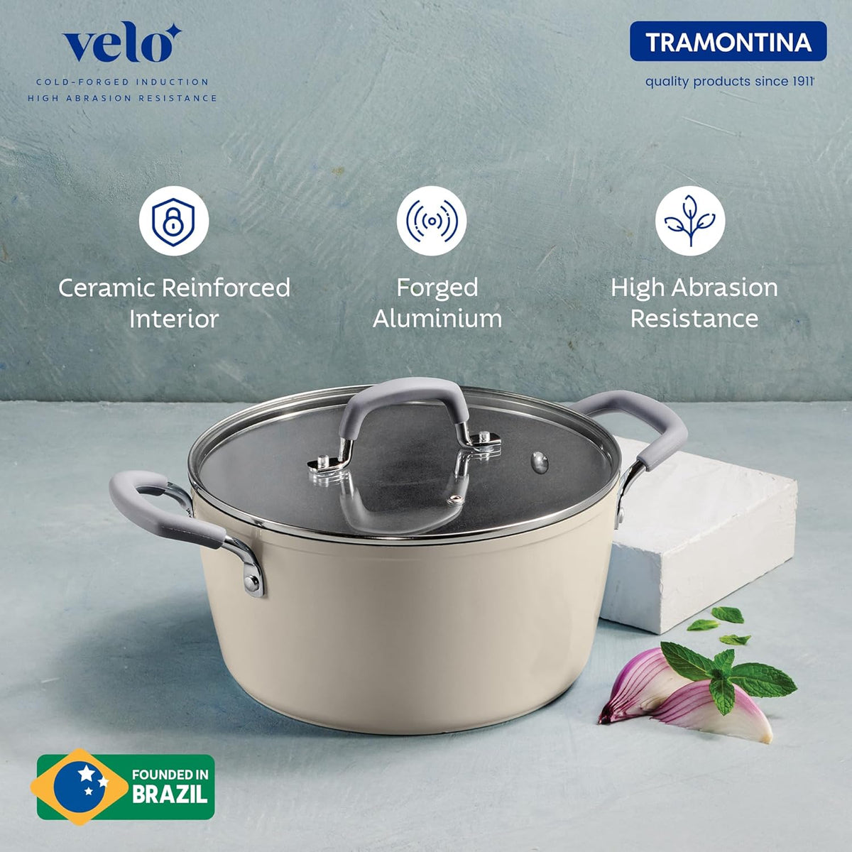 Velo Forged Casserole 24 cm in sand color by Tramontina India, showing a sturdy cookware with a smooth finish and ergonomic handles.