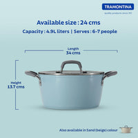 Sea-colored Tramontina India Velo Forged 24 cm casserole showing a sturdy, sleek cookware with a glass lid and ergonomic handles.