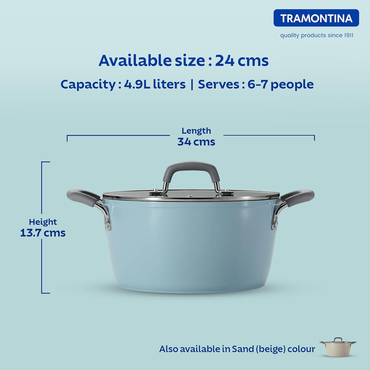 Sea-colored Tramontina India Velo Forged 24 cm casserole showing a sturdy, sleek cookware with a glass lid and ergonomic handles.