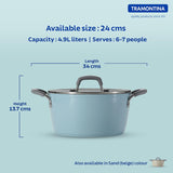 Sea-colored Tramontina India Velo Forged 24 cm casserole showing a sturdy, sleek cookware with a glass lid and ergonomic handles.